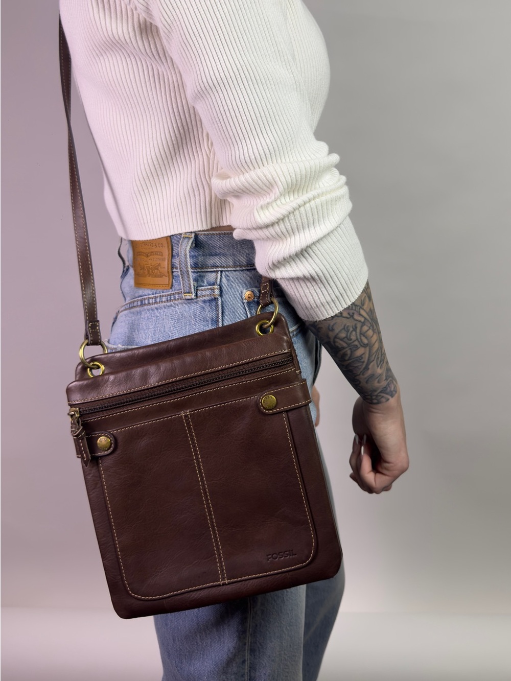 90s Vintage Brown Leather Crossbody Bag VTG Fossil Purse | Travel Festival Slim